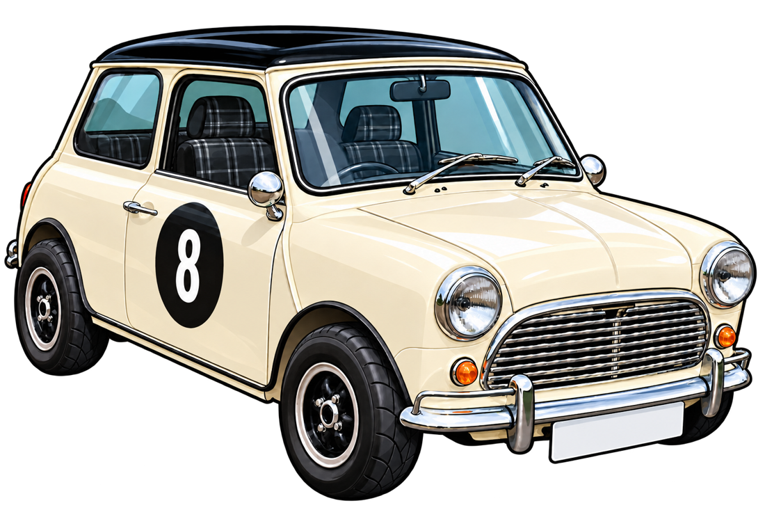 Cream and black number 8 classic car with blank number plate